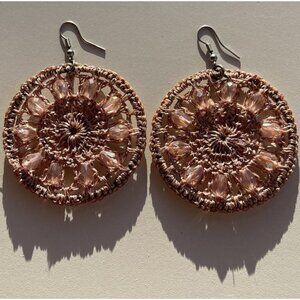 Vintage Crocheted Women’s Hook Earrings Mandela Boho Design Warm Rose Glass